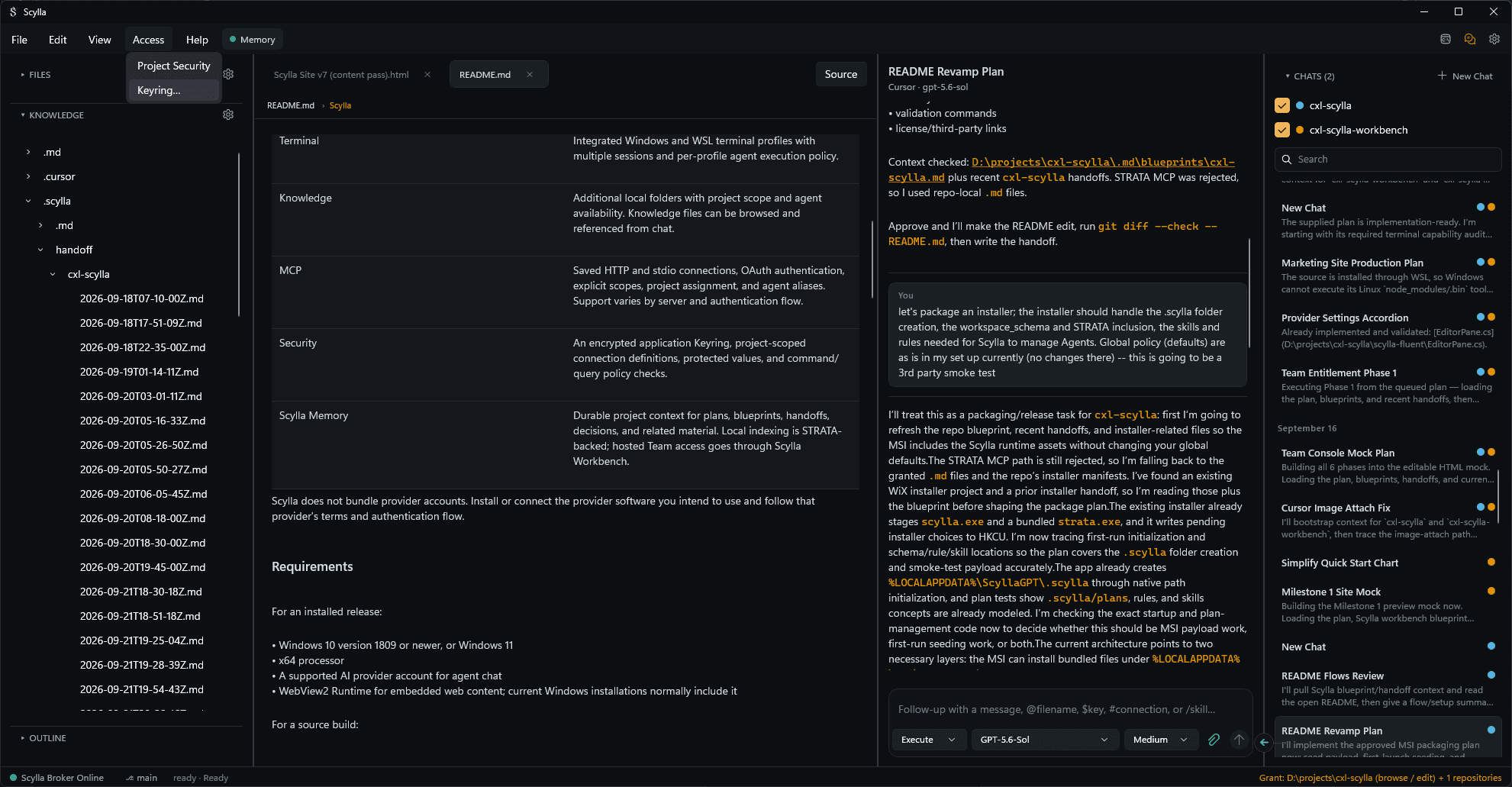 Scylla workbench with project files, documentation, an agent conversation, and chat history